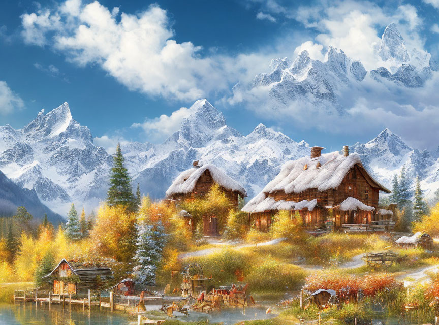 Scenic Mountain Village with Snowy Peaks and Autumn Foliage