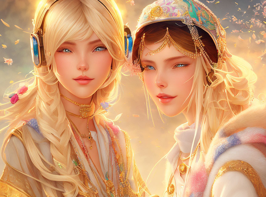 Digital fantasy female characters in ornate outfits with headphones and glowing, ethereal ambiance.