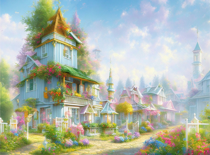 Picturesque village with vibrant flowers and quaint houses in a fairy tale setting