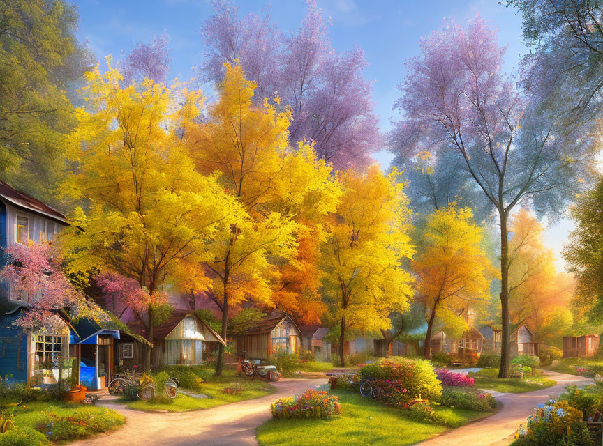 Autumn village scene with colorful foliage and cozy houses