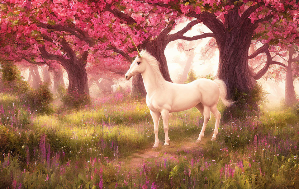 White Unicorn under Pink Trees in Misty Forest with Purple Flowers