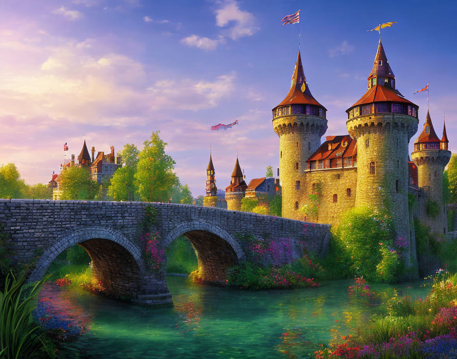 Stone bridge over river to enchanting castle with towers in sunset sky