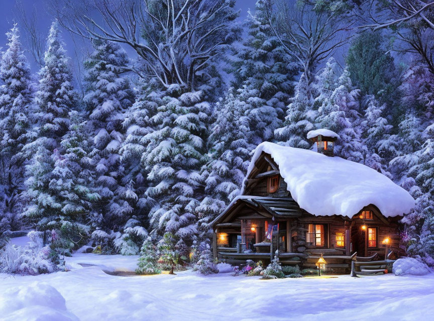 Snow-covered forest cabin at twilight