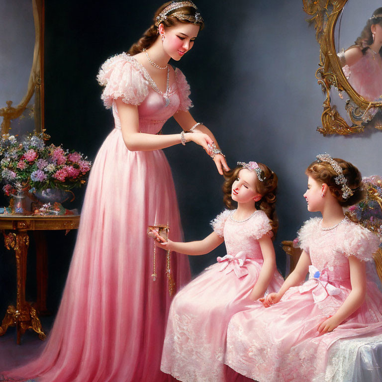 Three Figures in Elegant Pink Dresses in Room with Mirror and Flower Vases