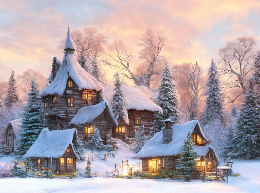 Winter scene: snow-covered cottages in twilight forest