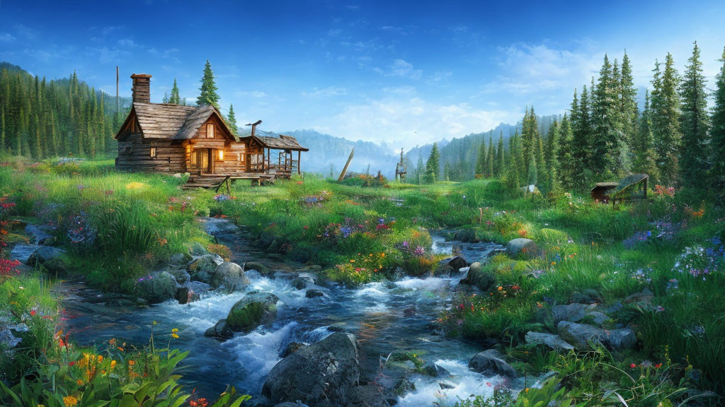 Rustic wooden cabin in lush greenery with stream and mountains