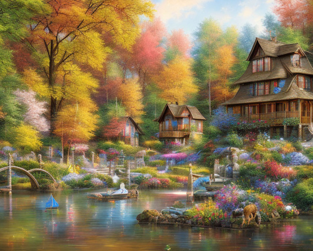 Tranquil landscape with pond, foliage, blossoms, houses, boats, and deer