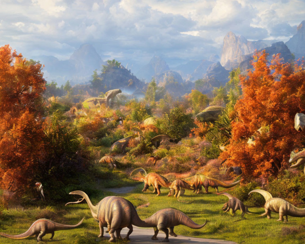 Prehistoric dinosaurs in autumn forest under warm sky