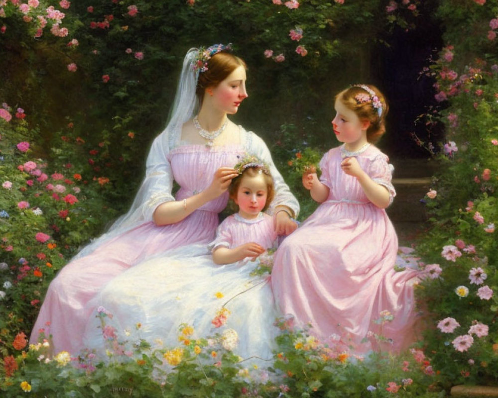 Serene woman in bridal gown with young girls in pink dresses in a lush garden