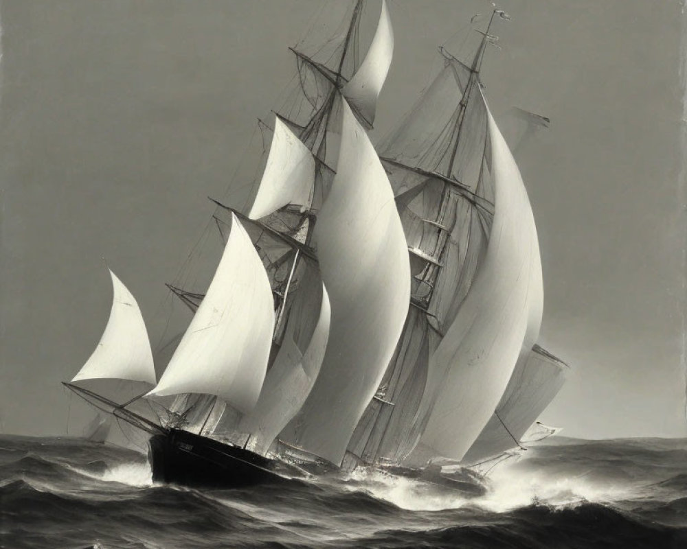 Monochrome tall ship with multiple sails navigating rough seas