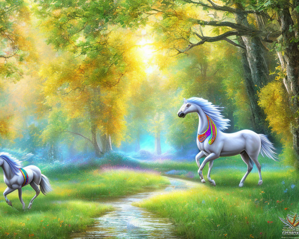 Digital art: Majestic white horses with rainbow manes in enchanted forest