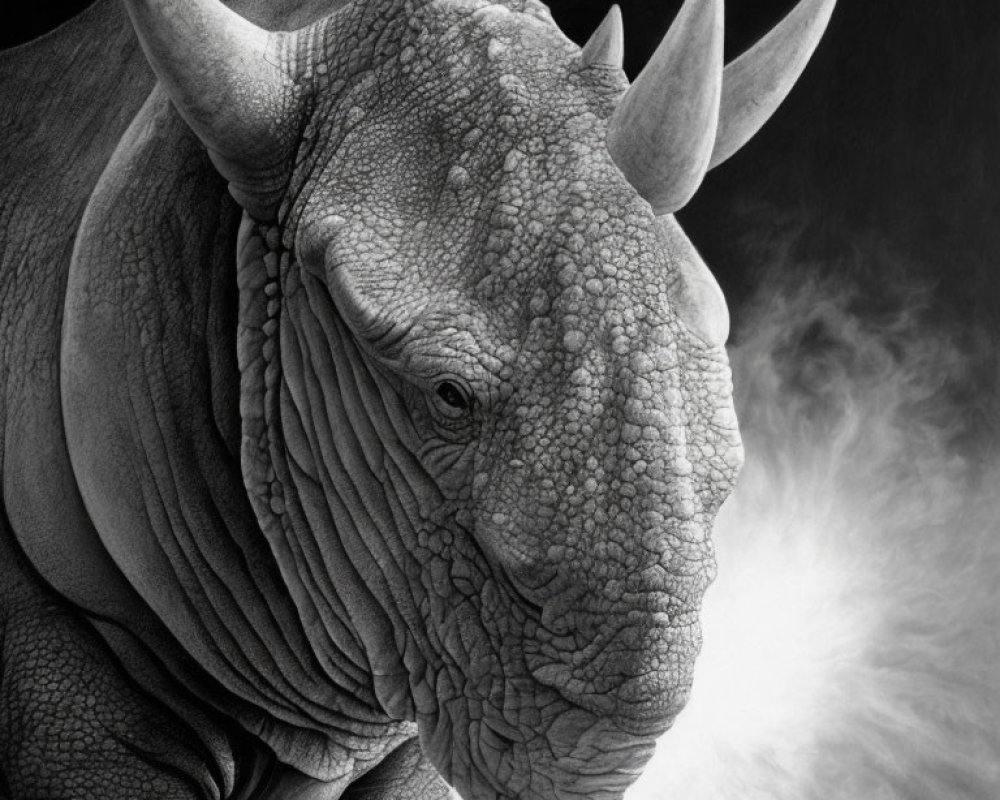 Detailed grayscale rhinoceros close-up with textured skin and prominent horns against dark backdrop.