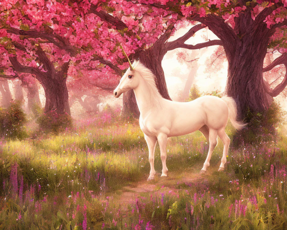 White Unicorn under Pink Trees in Misty Forest with Purple Flowers