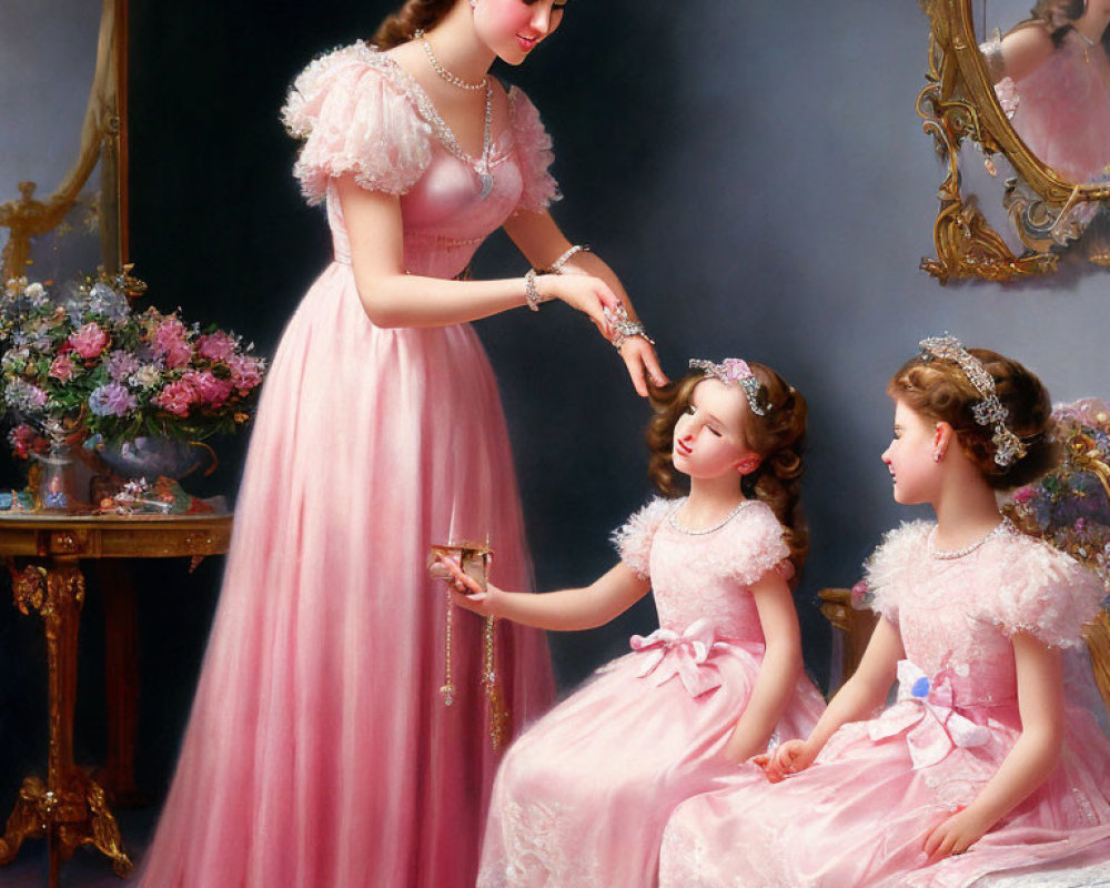 Three Figures in Elegant Pink Dresses in Room with Mirror and Flower Vases