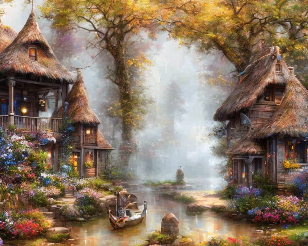 Peaceful village scene with thatched cottages, flowers, river, boat, and sunlit woods