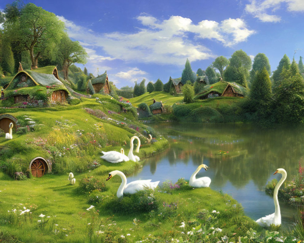 Tranquil rural scene with hobbit-style houses, pond, swans, lush greenery