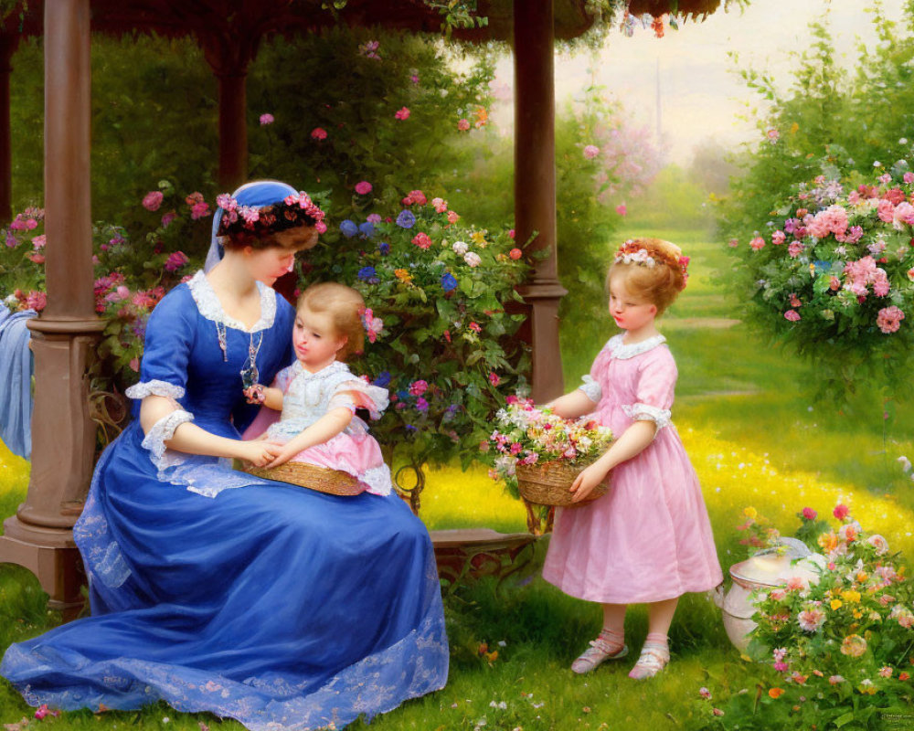 Classic painting of woman and children near gazebo in blooming garden