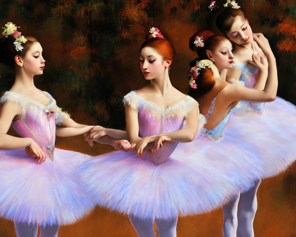 Four Ballerinas in Tutus Holding Wrists on Warm Background