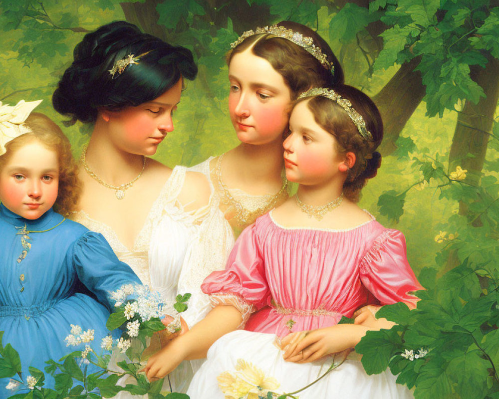 Four young women in vintage attire with ornate hairpieces against a backdrop of green foliage