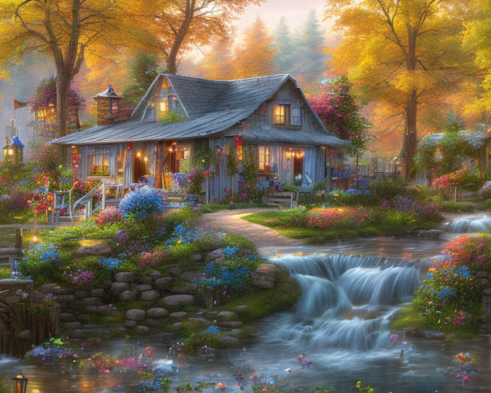 Cozy cottage with colorful gardens and stream under autumn sunlight