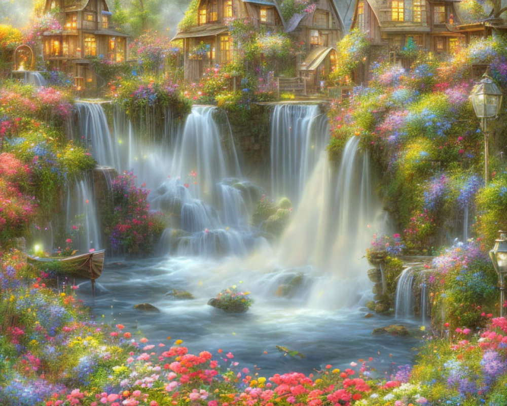 Enchanting cottage village with waterfalls, lanterns, and river under soft light