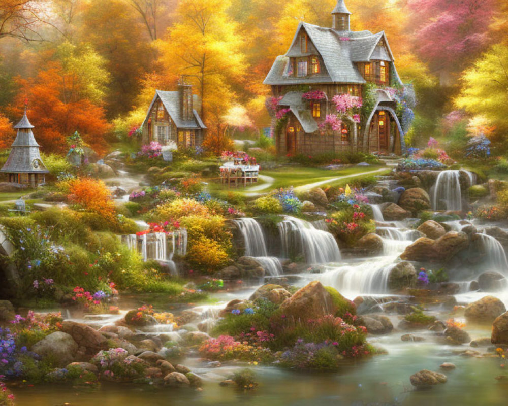 Thatched roof cottage by cascading waterfall in autumn setting