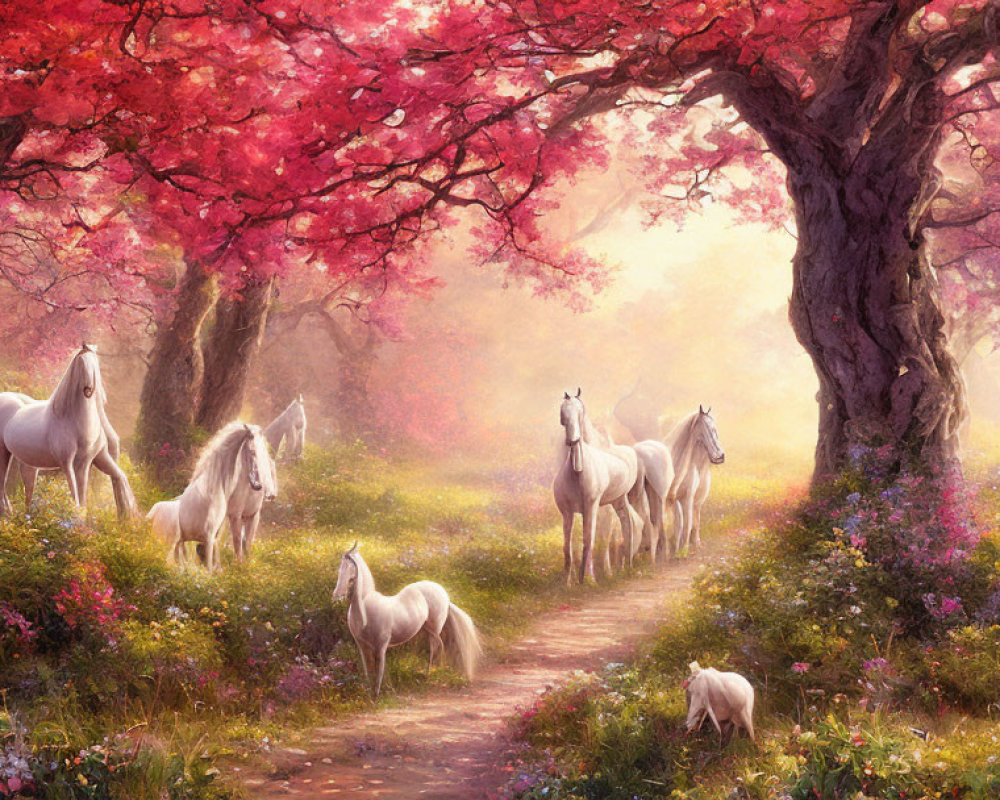 Tranquil forest pathway with pink trees and white horses