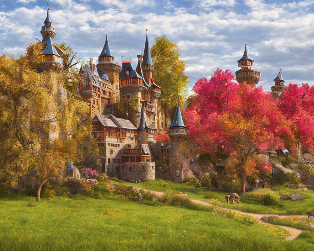 Majestic castle in vibrant autumn setting with clear sky and stone structure