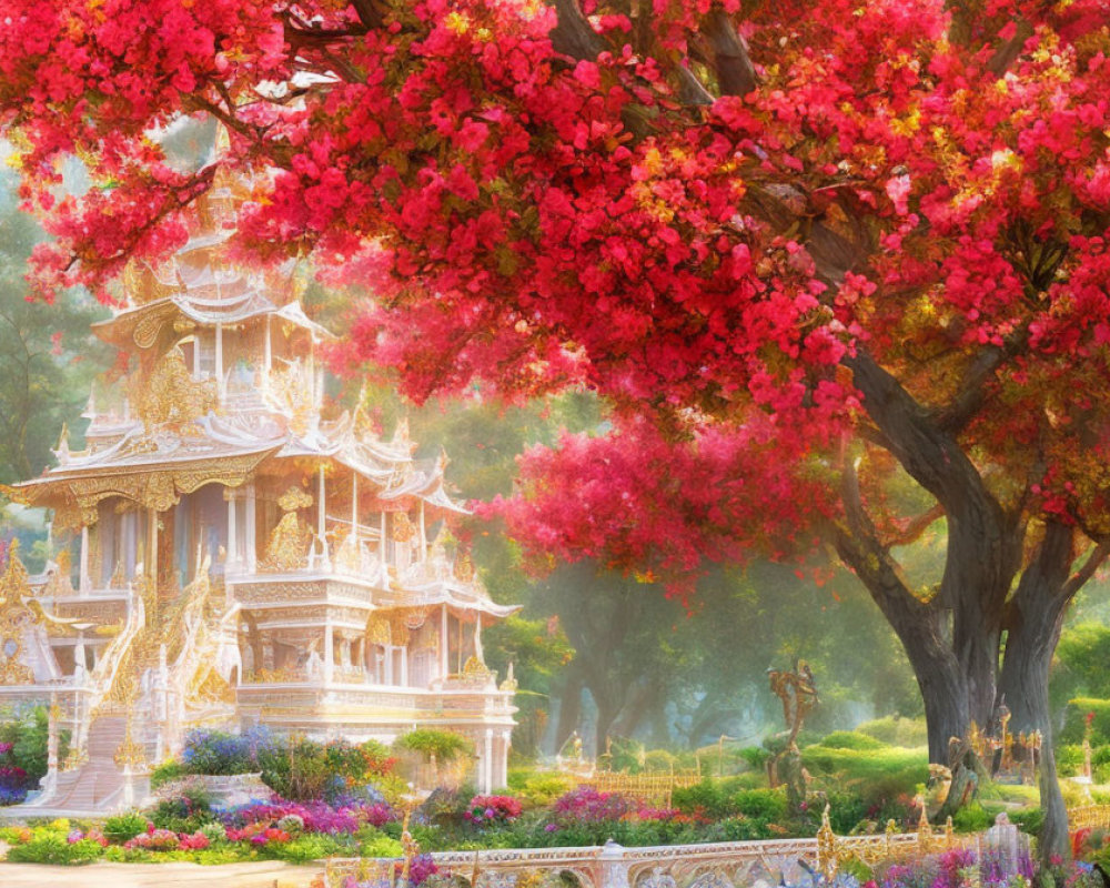 Golden Temple Surrounded by Pink Trees in Misty Garden