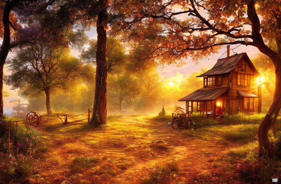 Rural sunset landscape with cozy cottage and wagon wheel