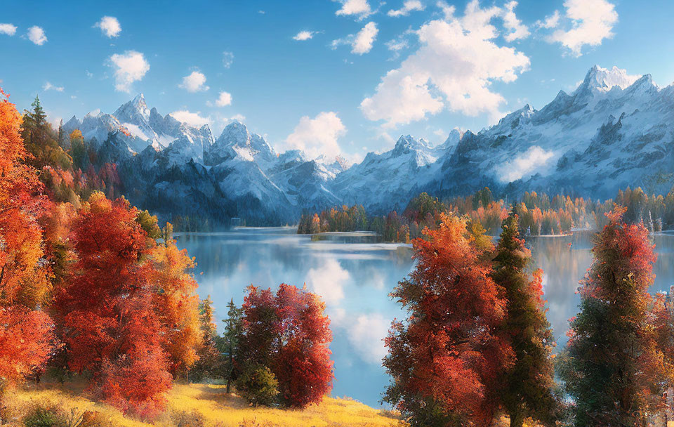 Autumn landscape: red and orange foliage by serene lake, snow-capped mountains.