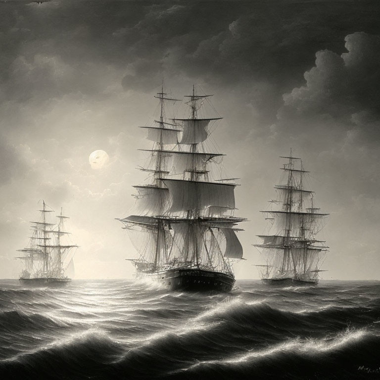 Monochromatic painting of tall ships at sea under a full moon