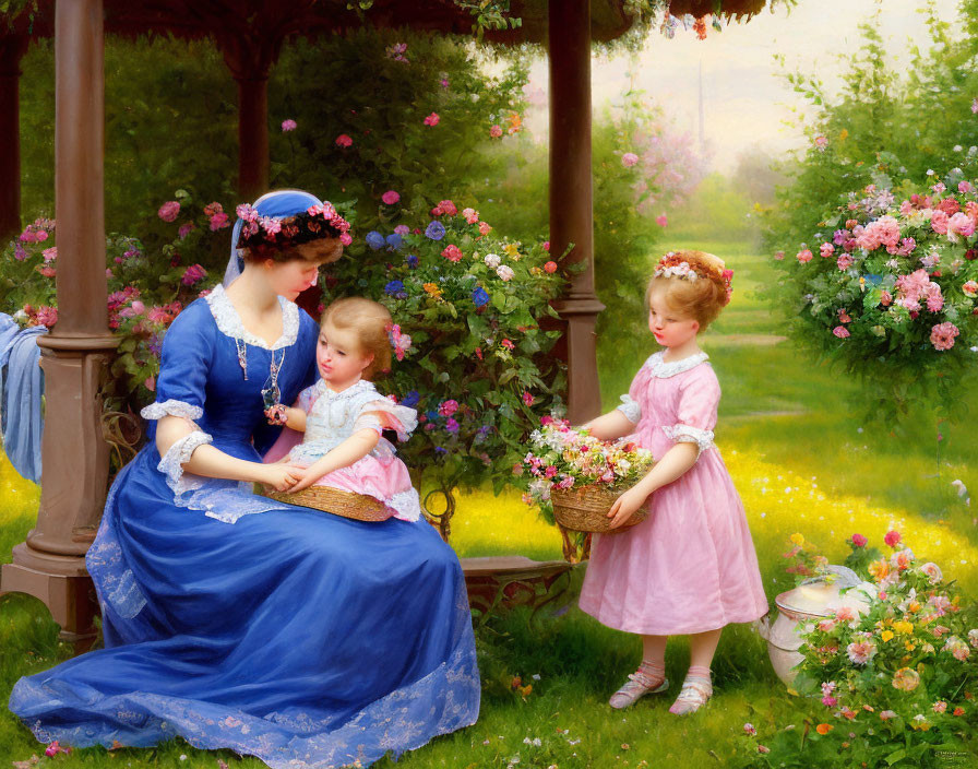 Classic painting of woman and children near gazebo in blooming garden