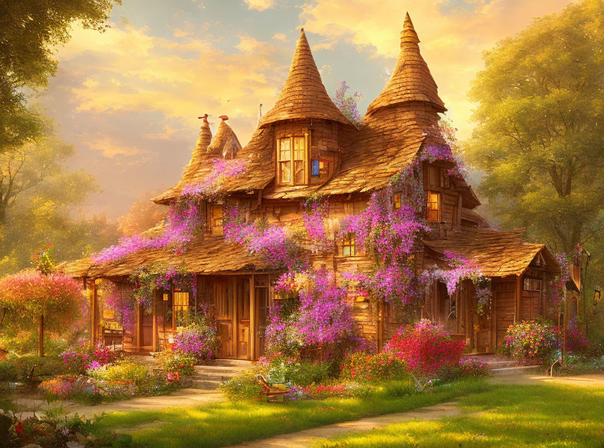 Thatched Cottage with Purple Wisteria in Forest Clearing