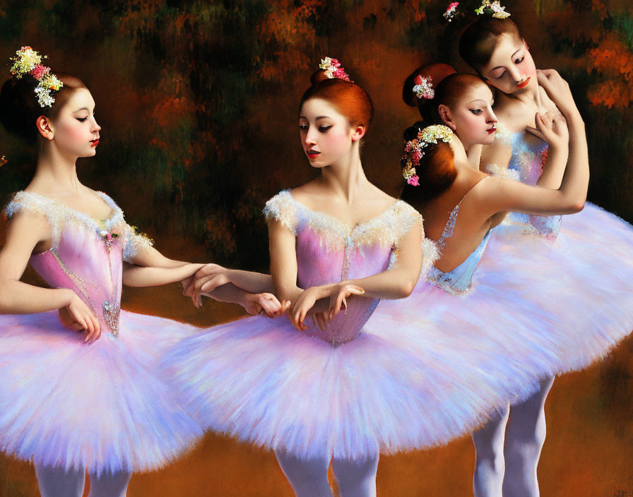 Four Ballerinas in Tutus Holding Wrists on Warm Background