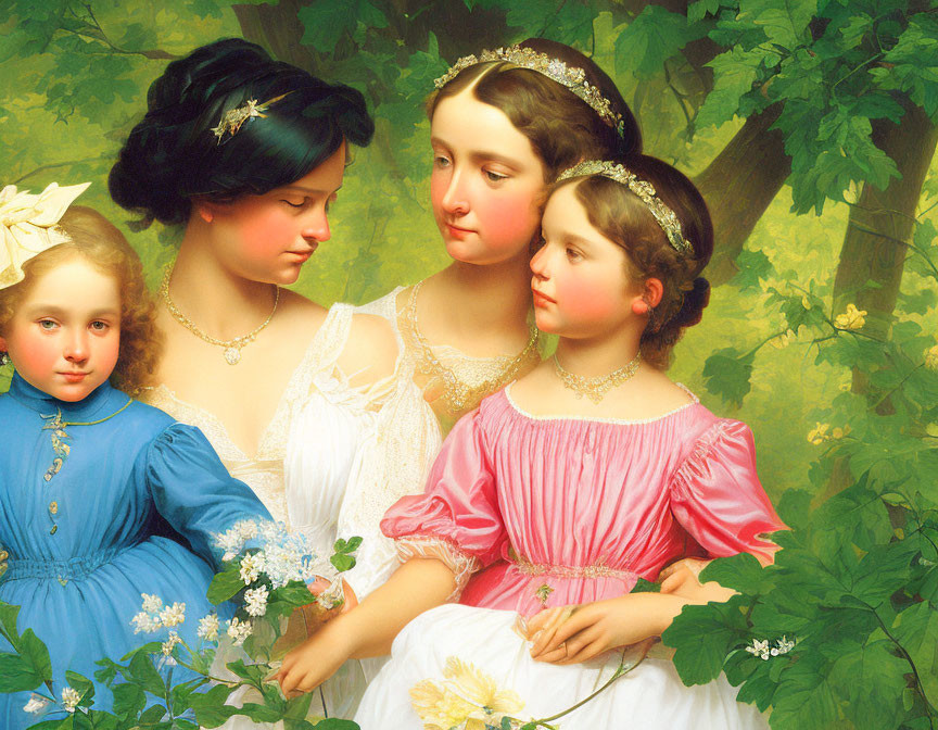 Four young women in vintage attire with ornate hairpieces against a backdrop of green foliage