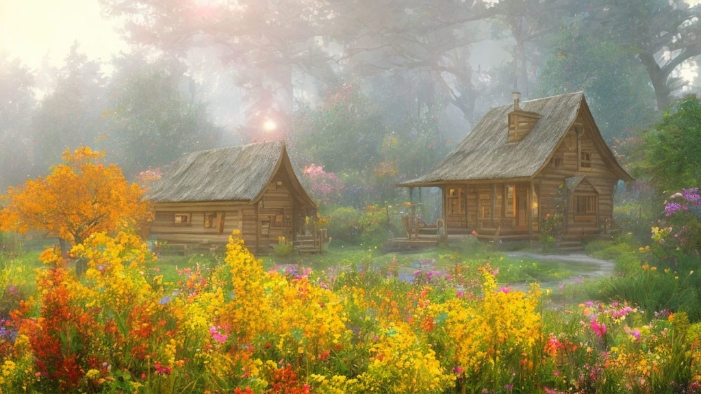 Wooden cottages in flower-filled meadow with misty forest background