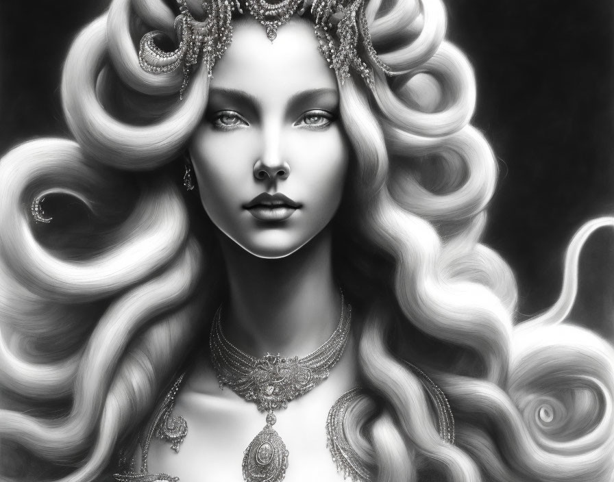 Monochrome illustration of woman with voluminous curly hair and intricate jewelry.