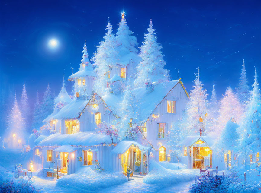 Snow-covered cottage in magical winter scene with illuminated trees and bright moon