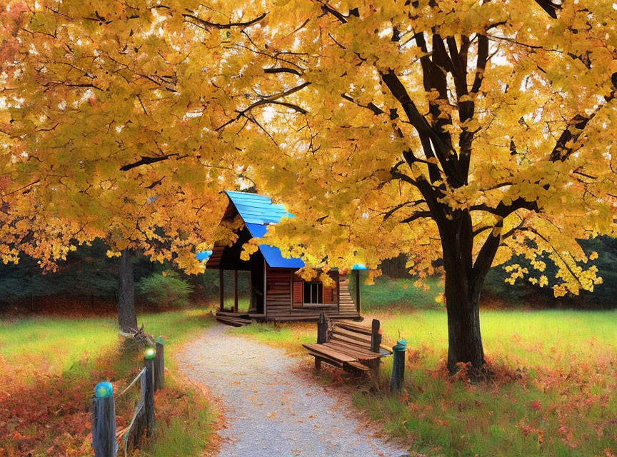 Rustic wooden cabin with blue roof amidst autumn trees and gravel path