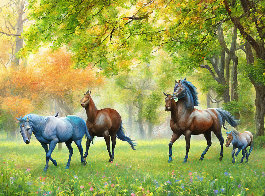 Four Horses, Including a Foal, in Vibrant Forest Glade