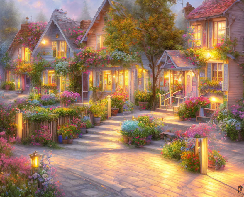 Charming street at twilight with quaint cottages and lush greenery