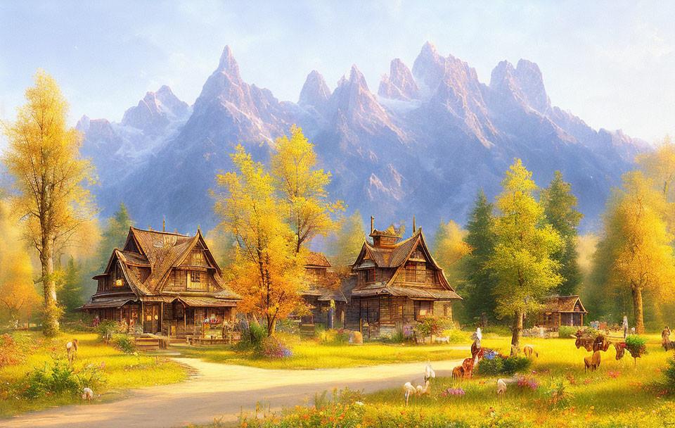 Rural Autumn Landscape with Wooden Houses, People, Animals, and Mountains