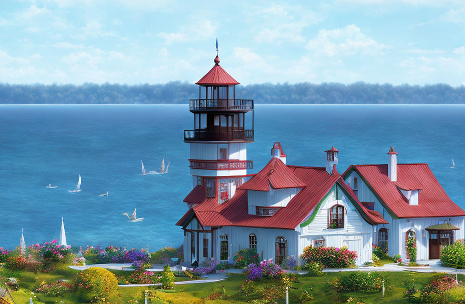 Scenic lighthouse with red roofs by tranquil sea and garden.