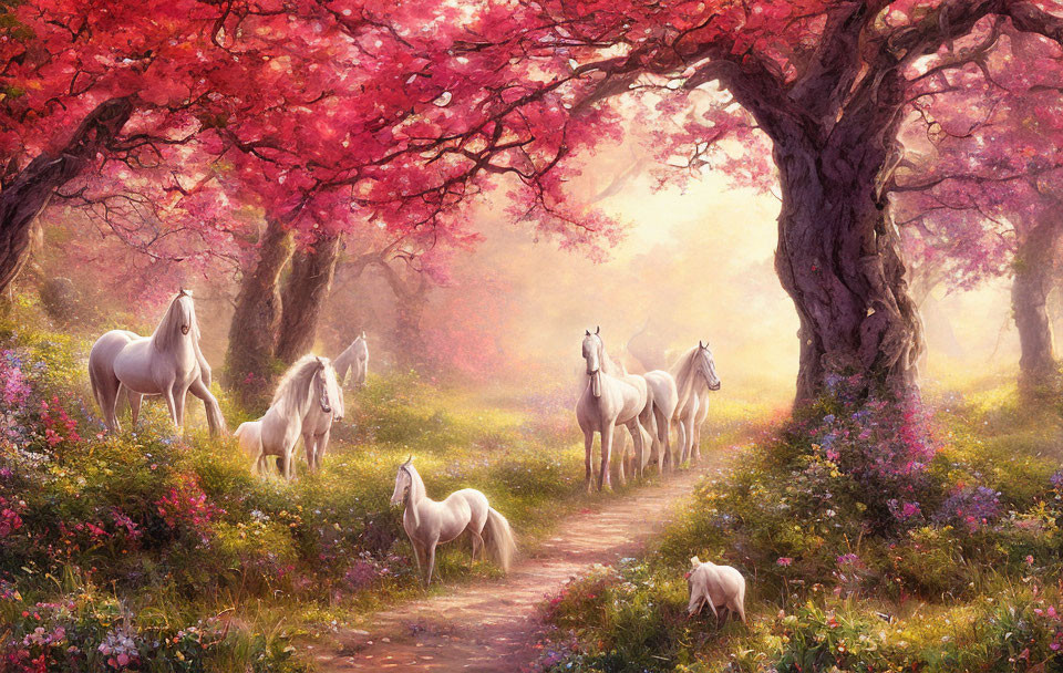 Tranquil forest pathway with pink trees and white horses