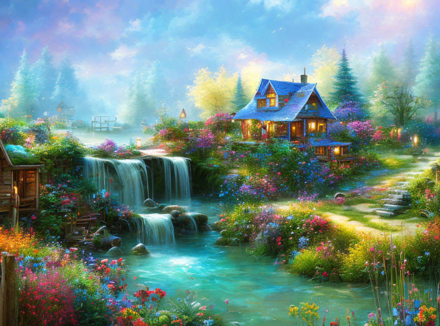 Vibrant meadow scene with glowing cottage and waterfall