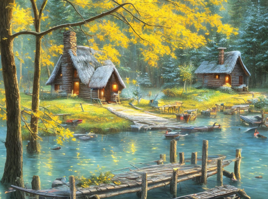 Rustic cabins by calm lake, autumn trees, wooden dock & boats