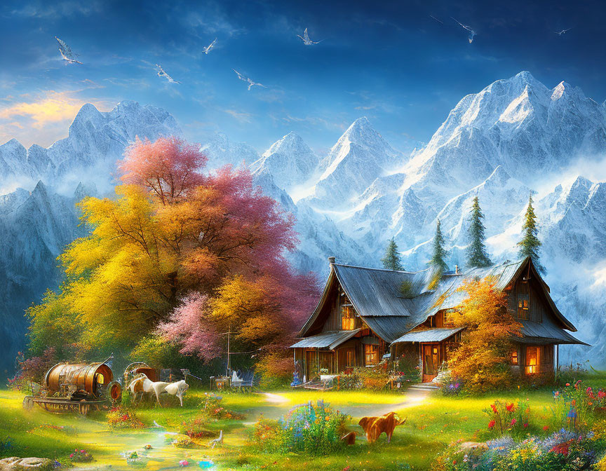 Scenic autumn mountain landscape with cozy cabin and grazing animals