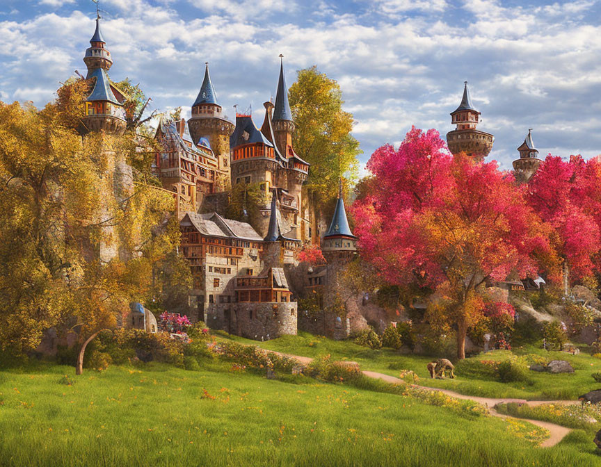 Majestic castle in vibrant autumn setting with clear sky and stone structure