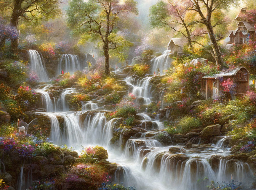 Tranquil forest scene with cascading waterfalls, greenery, flowers, houses, and mist